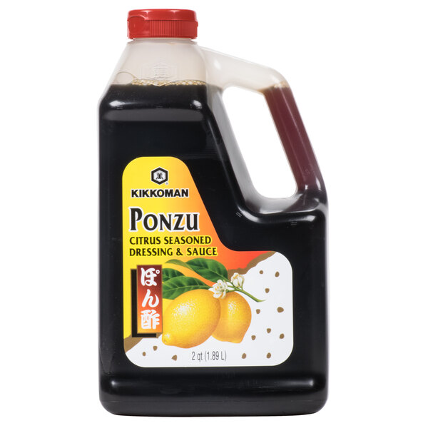A Kikkoman .5 gallon jug of Ponzu Citrus Seasoned Dressing with a label.