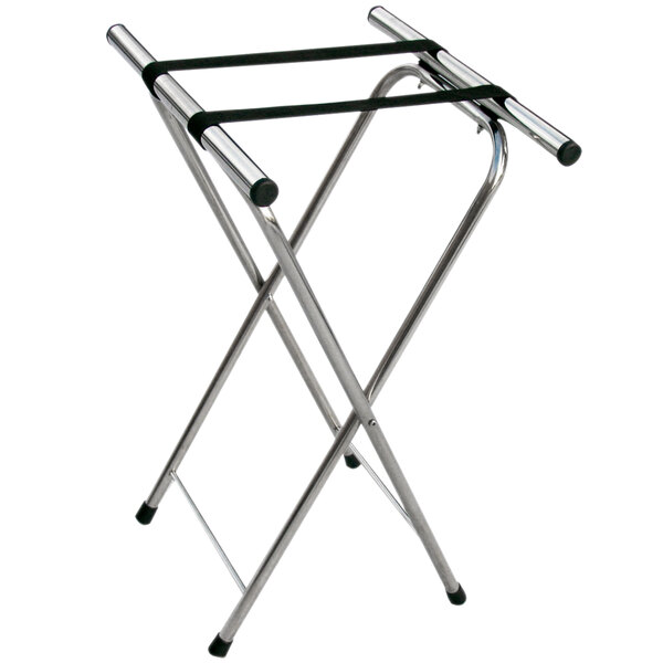 A chrome folding tray stand with black straps.