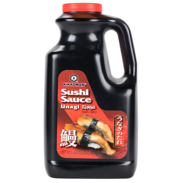 A black bottle of Kikkoman sushi sauce with a red label.