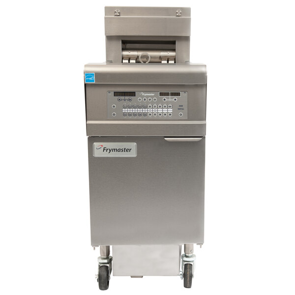 A Frymaster electric floor fryer with a stainless steel finish.