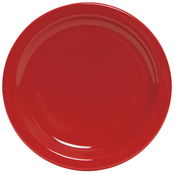 A close-up of a red Tuxton bread and butter plate with a white line.
