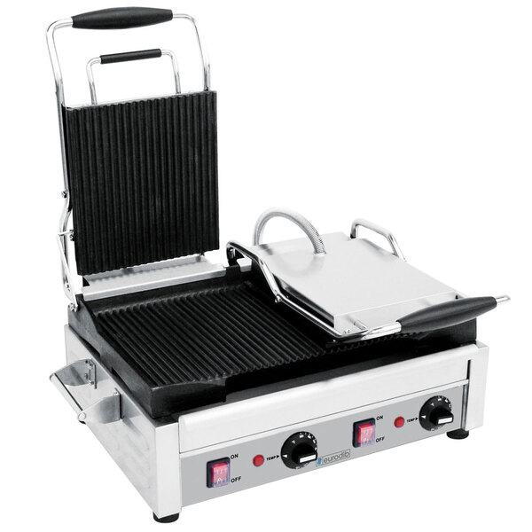 A Eurodib double panini grill machine with grooved plates.