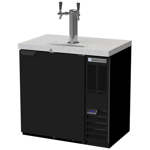 A black Beverage-Air beer dispenser with double silver taps.