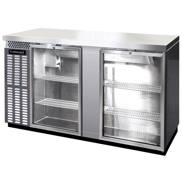 A stainless steel Continental Back Bar Refrigerator with two glass doors.