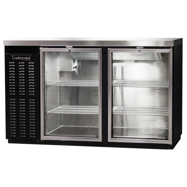 A black rectangular Continental Back Bar Refrigerator with two glass doors.