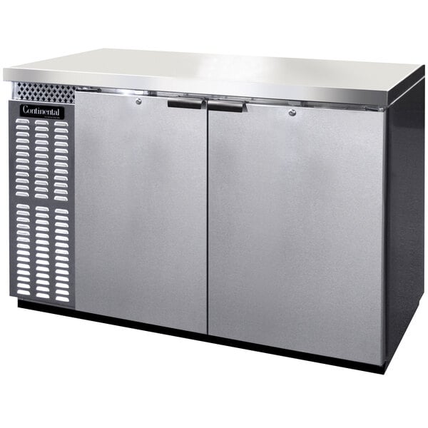 A Continental Refrigerator stainless steel back bar refrigerator with two solid doors.