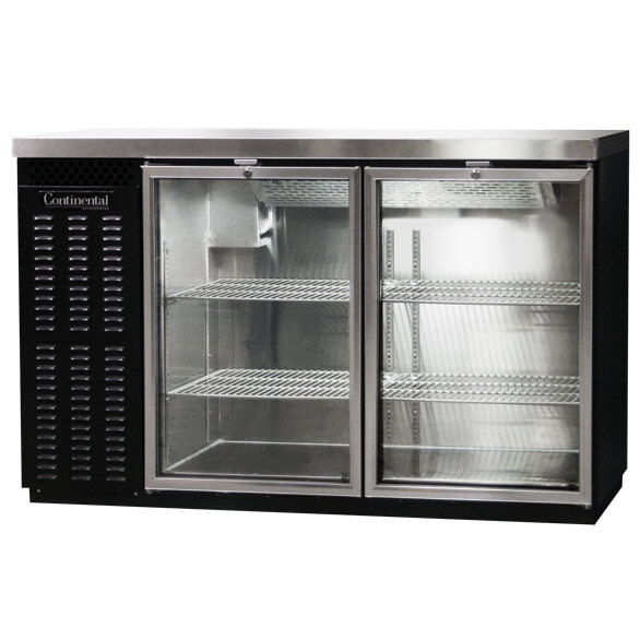 A black Continental back bar refrigerator with glass doors.