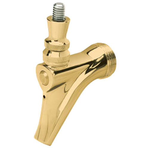 A gold colored stainless steel wine faucet with a stainless steel lever.