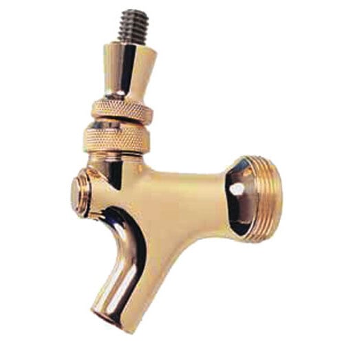 A close-up of a Micro Matic brass beer faucet with a stainless steel lever.