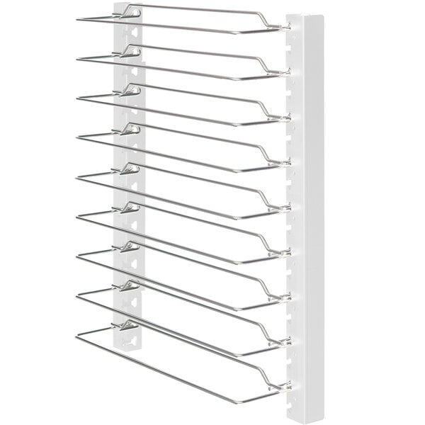 A white shelf with silver metal rods.