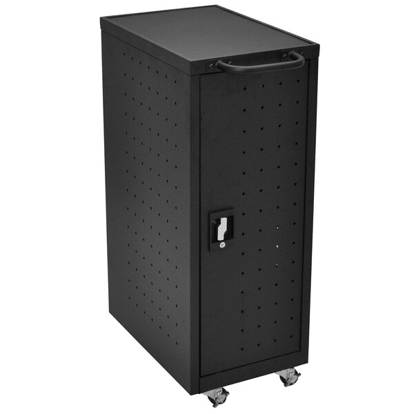 A black metal storage cart with holes and wheels.