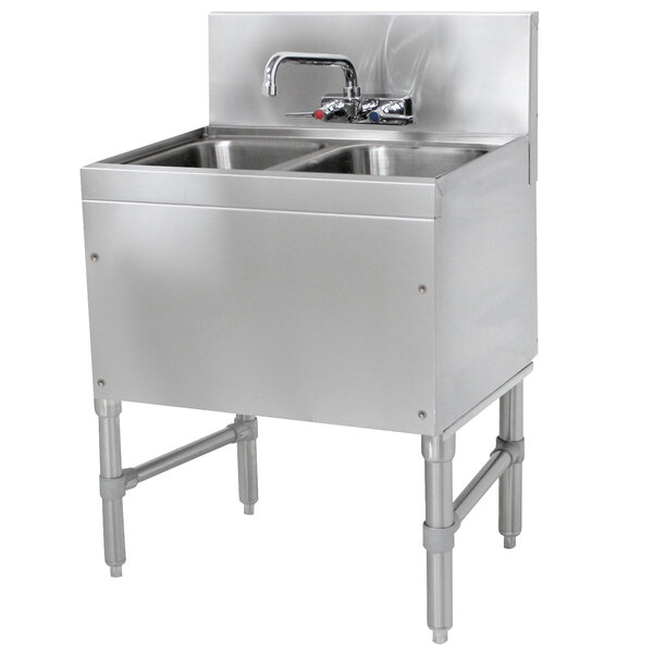 A stainless steel Advance Tabco underbar sink with two bowls and a splash mount faucet.