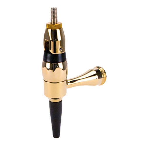 A close-up of a gold and black Micro Matic Stout Faucet with a black handle.