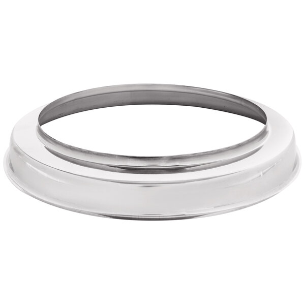 A close-up of a round stainless steel adapter ring with a round hole.