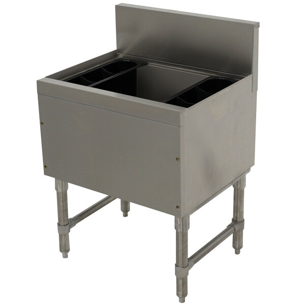 An Advance Tabco stainless steel underbar ice bin with two bins.
