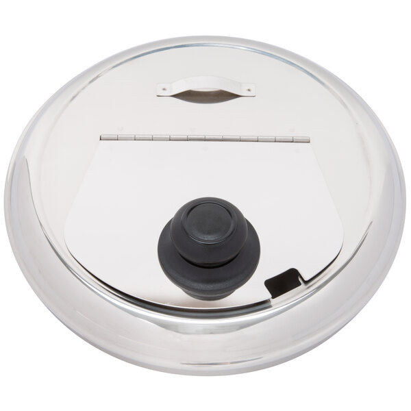 A stainless steel Avantco replacement lid with a black knob.