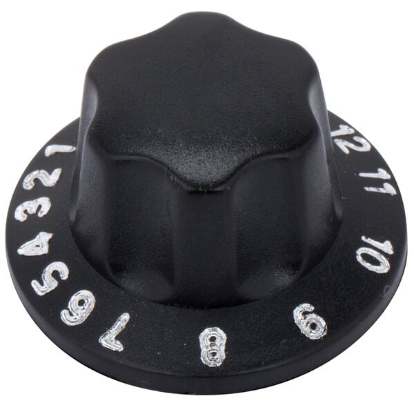 A black Avantco replacement knob with white numbers and a white border.
