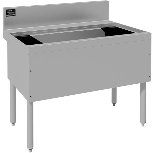 A rectangular stainless steel Advance Tabco underbar ice bin with a rectangular top.