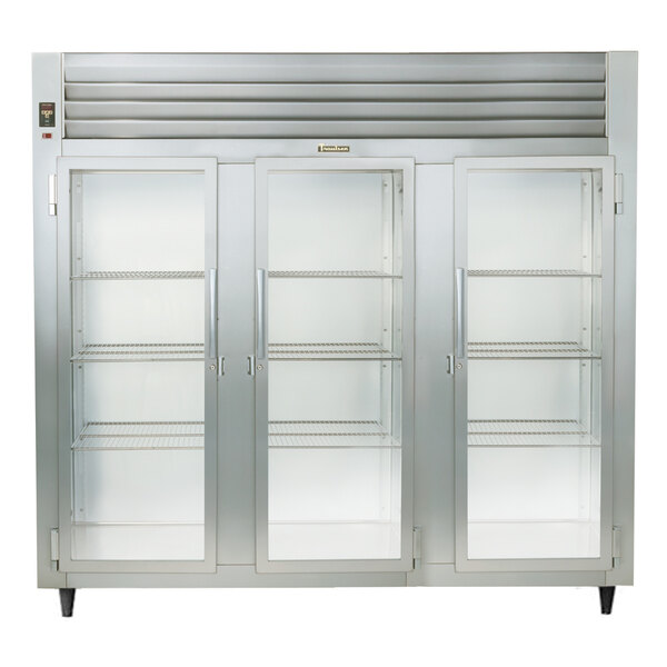 A Traulsen stainless steel heated holding cabinet with three glass doors.