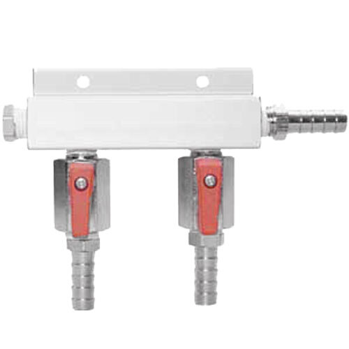 A white Micro Matic aluminum 2-way beer gas distributor with two stainless steel valves with red handles.