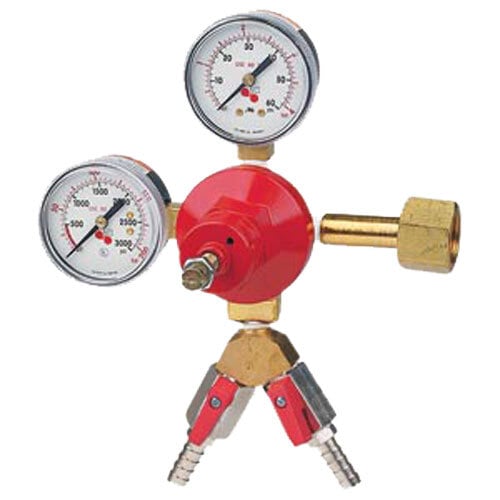 A close-up of a Micro Matic red and white double gauge primary CO2 low-pressure regulator.