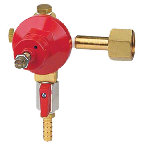 A close-up of a red and gold Micro Matic Premium Plus CO2 low-pressure regulator.