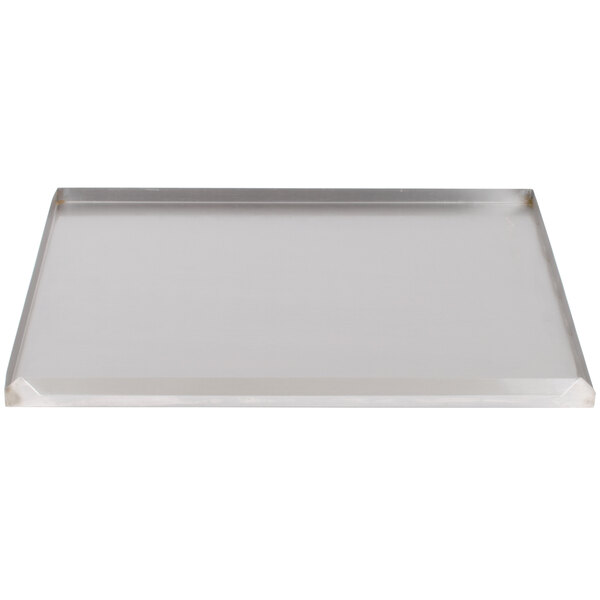 A rectangular metal tray with a silver edge.