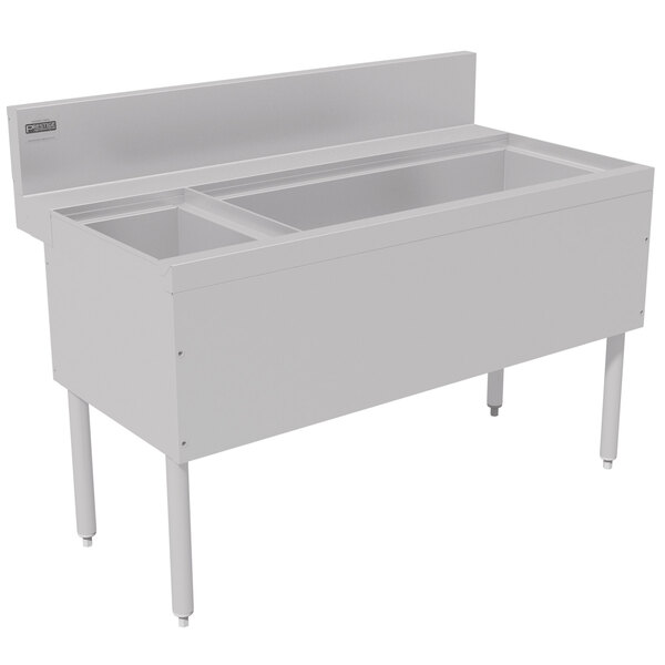 A stainless steel rectangular ice bin and bottle storage combo unit with a back.