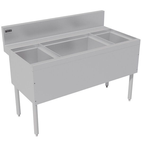 A stainless steel Advance Tabco underbar ice bin and bottle storage combo unit with a center ice bin.