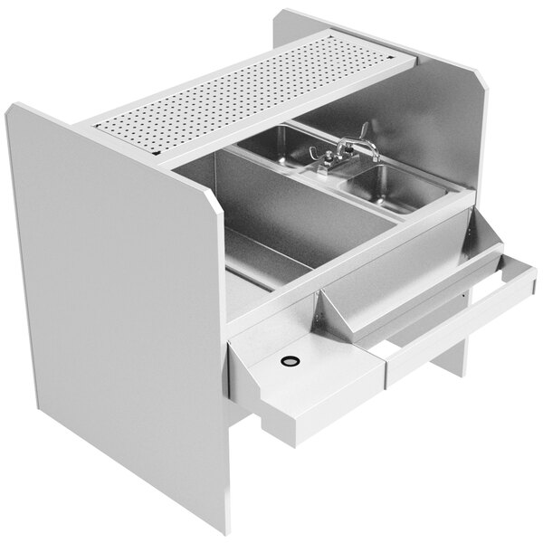 A stainless steel Advance Tabco pass-through workstation with a perforated drainboard shelf and a hole in the middle.