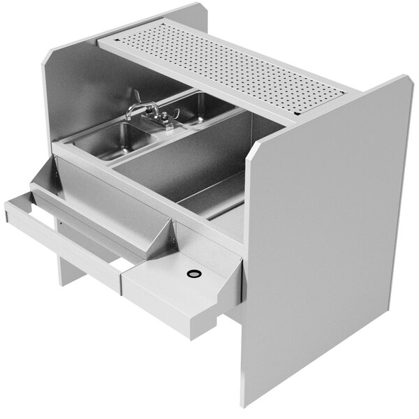 A stainless steel Advance Tabco Prestige pass-through workstation with perforated drainboard on the right.