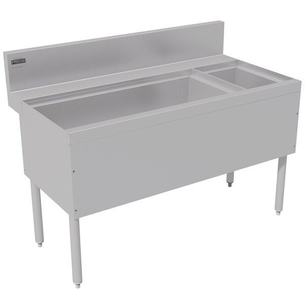 An Advance Tabco stainless steel ice bin and bottle storage combo unit with a divider.