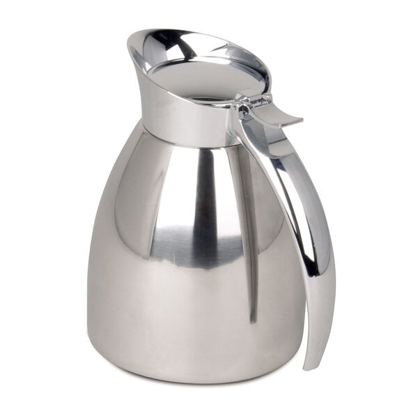 A Bunn stainless steel pitcher with a handle.