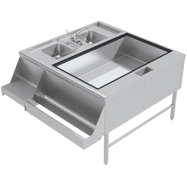 A stainless steel Advance Tabco pass-through workstation with a sink and faucet.