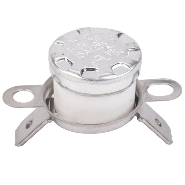 A silver and metal Carnival King Replacement Hi-Limit Thermostat with two metal parts.