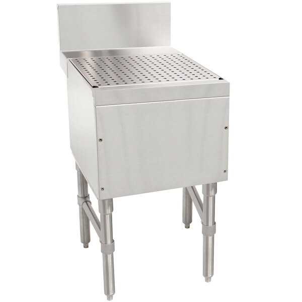 A stainless steel Advance Tabco free-standing bar drainboard with a drain on it.