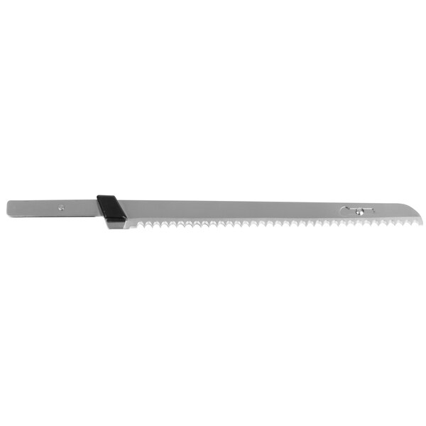 A silver saw blade with a black handle.