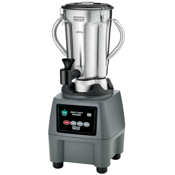 A Waring stainless steel food blender with a silver base and container.