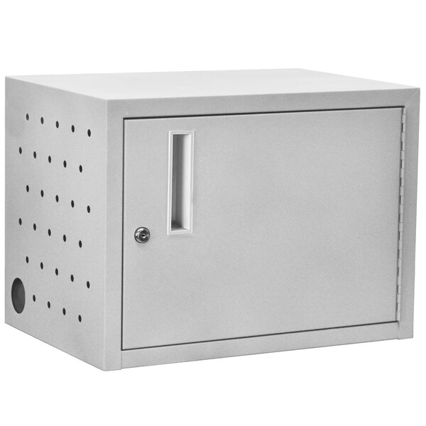 A white metal box with holes in the door.