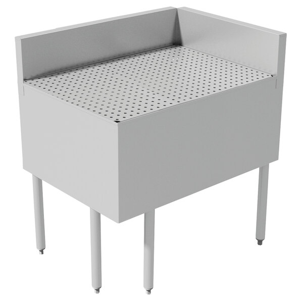 A white rectangular Advance Tabco stainless steel drainboard filler with holes on it.