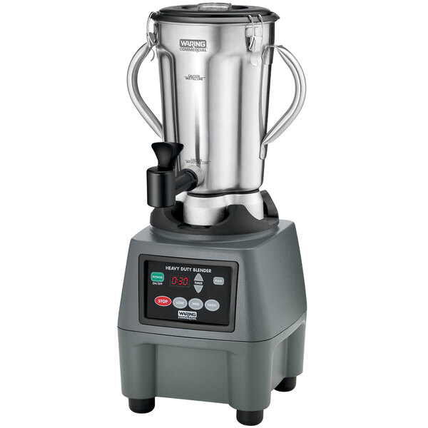 A Waring stainless steel food blender with a silver container and black base.