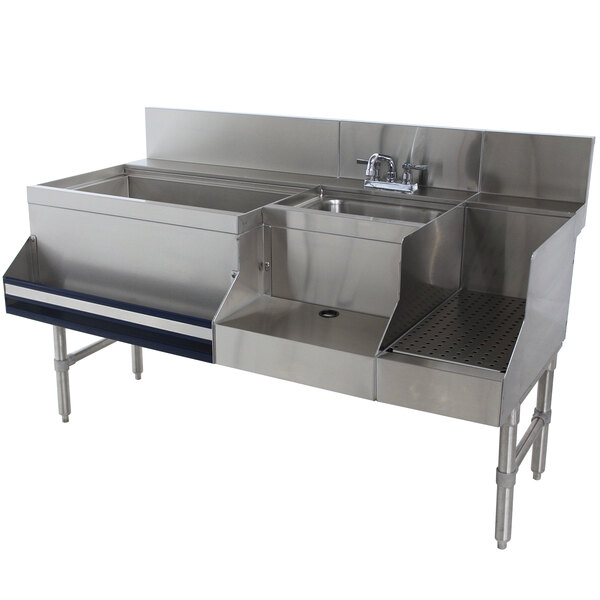 A stainless steel Advance Tabco Uni-Serv speed bar with a sink and faucet on a counter.