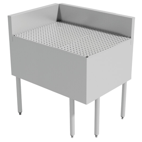 A white rectangular stainless steel table with holes in the top.