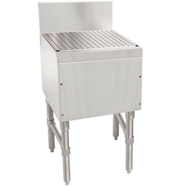 A stainless steel Advance Tabco Prestige Series free-standing bar drainboard with a drain on top.