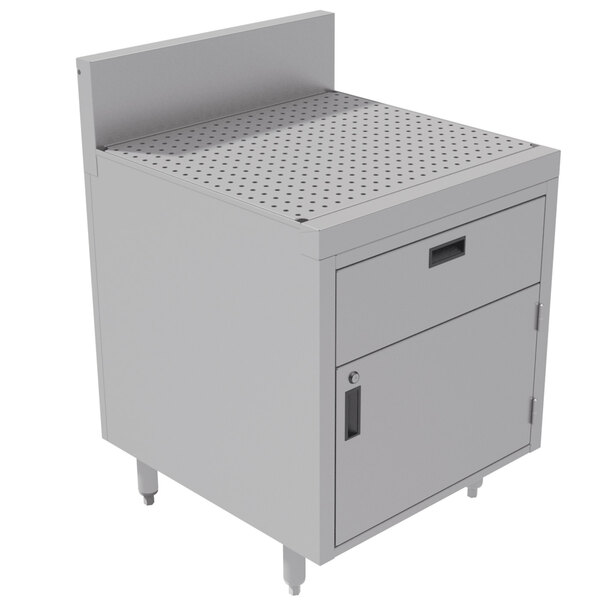 A stainless steel Advance Tabco enclosed cabinet with a drawer on top.