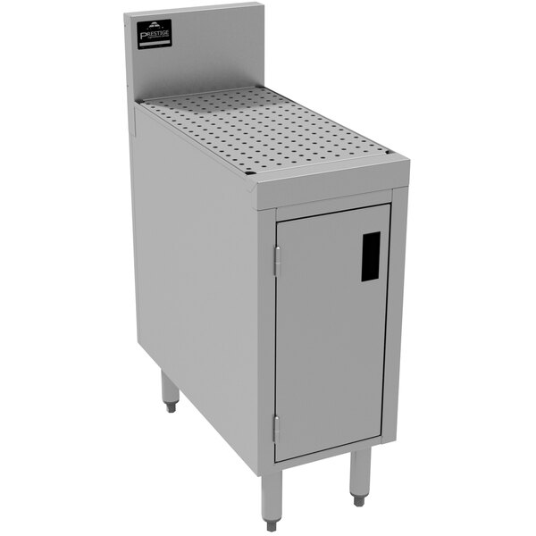 A white rectangular stainless steel cabinet with doors and a rectangular drainboard on top with holes.