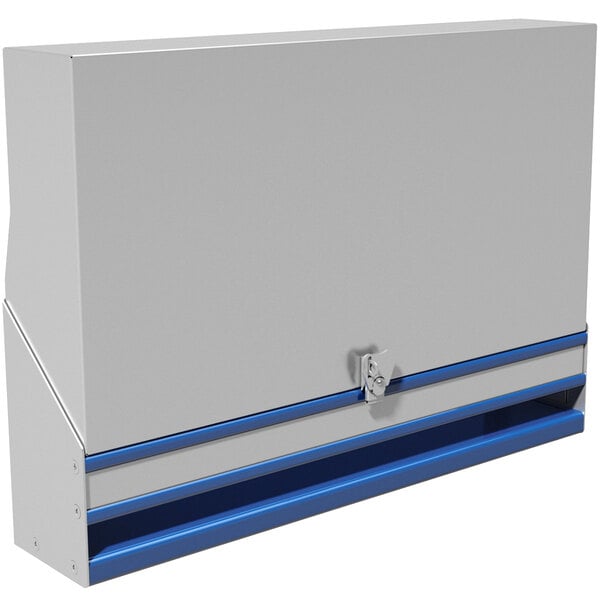 A white stainless steel box with blue trim and a lock on it.