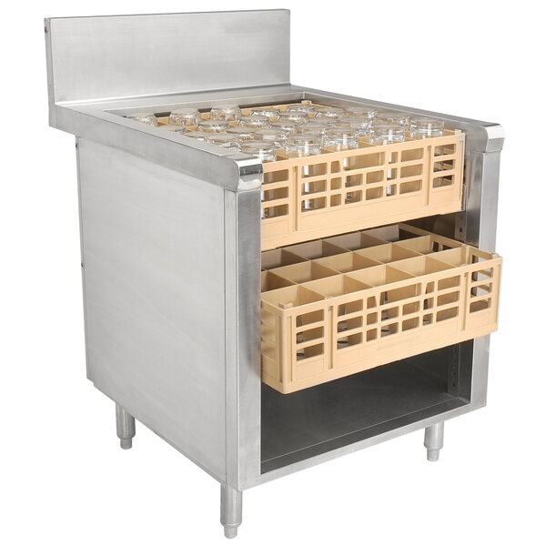 A stainless steel Advance Tabco glass rack storage cabinet filled with glasses.