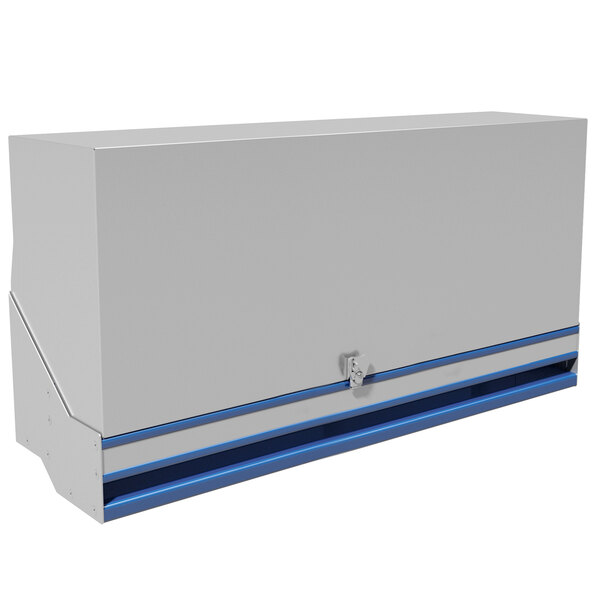 A white box with blue trim containing an Advance Tabco Prestige Series speed rail with locking cover.