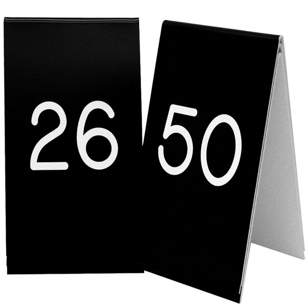 Two black Cal-Mil table tents with white numbers on them.